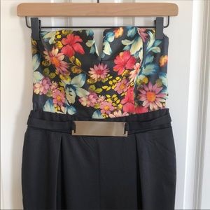 Strapless V neck Faux Leather floral jumpsuit M